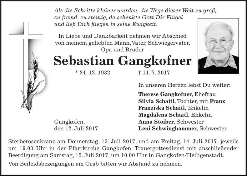 Traueranzeige Sebastian Gangkofner