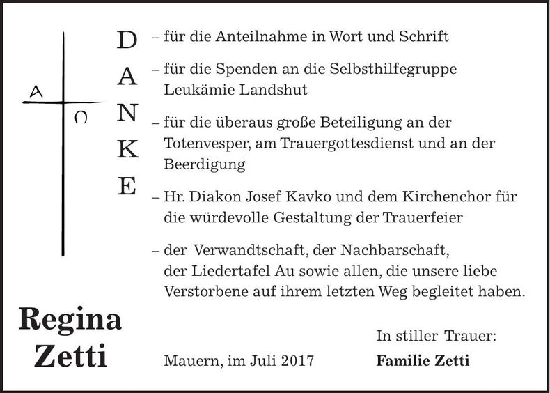 Traueranzeige Regina Zetti