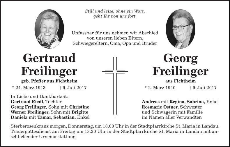 Traueranzeige Gertraud und Georg Freilinger