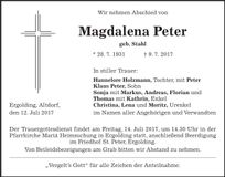 Traueranzeige Magdalena Peter