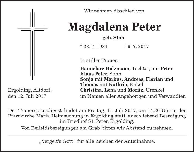 Traueranzeige Magdalena Peter