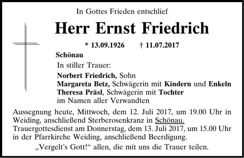 Traueranzeige Ernst Friedrich