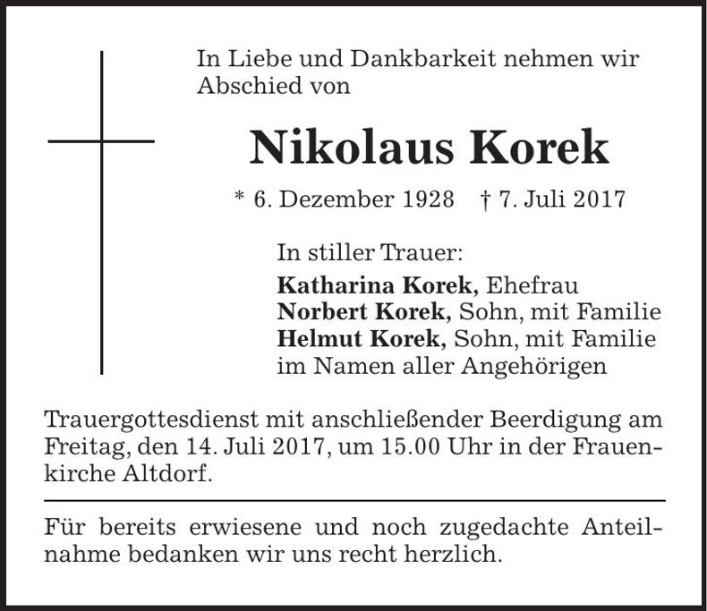 Traueranzeige Nikolaus Korek
