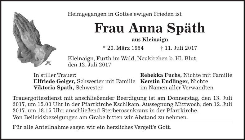 Traueranzeige Anna Späth
