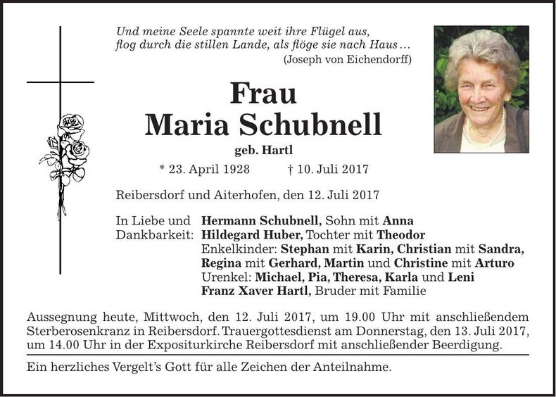 Traueranzeige Maria Schubnell