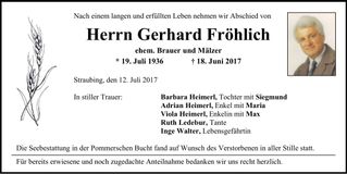 Traueranzeige Gerhard Fröhlich