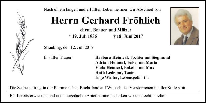 Traueranzeige Gerhard Fröhlich