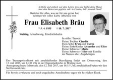 Traueranzeige Elisabeth Bräu