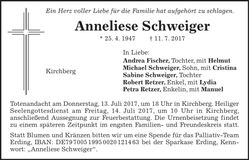 Traueranzeige Anneliese Schweiger