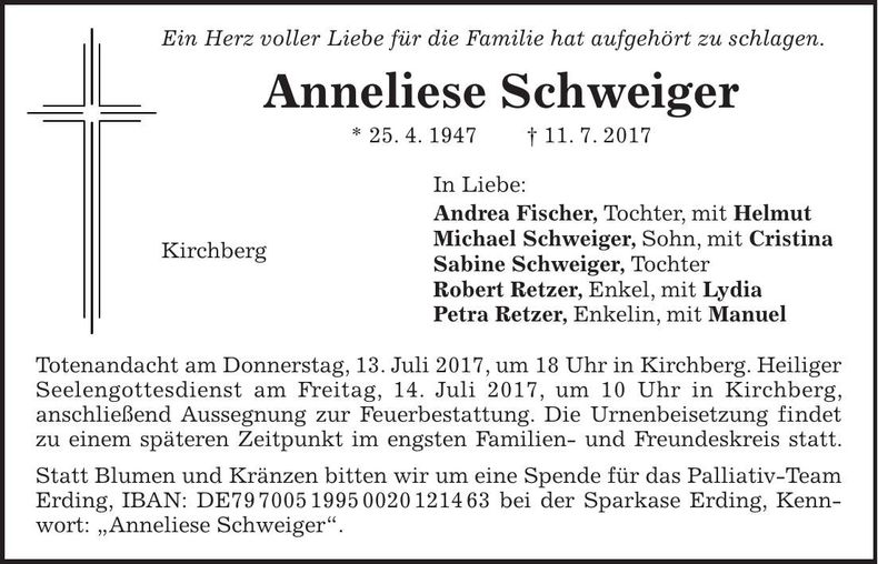 Traueranzeige Anneliese Schweiger