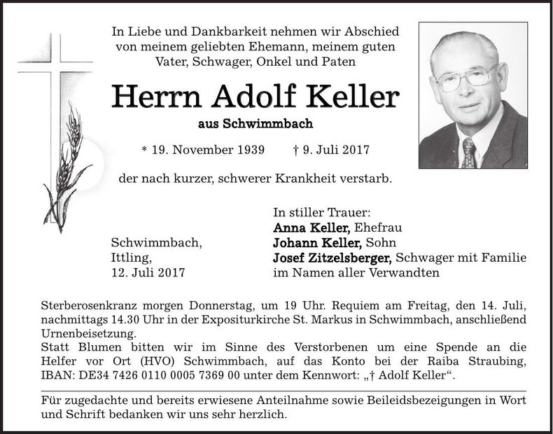 Traueranzeige Adolf Keller