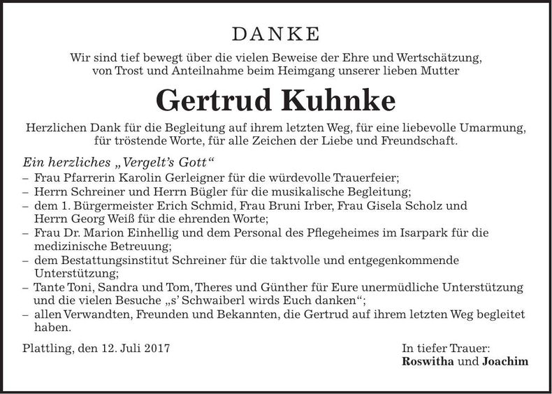 Traueranzeige Gertrud Kuhnke