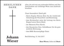 Traueranzeige Johann Wieser