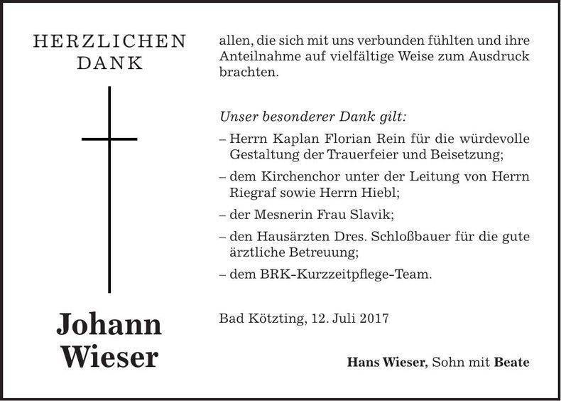 Traueranzeige Johann Wieser