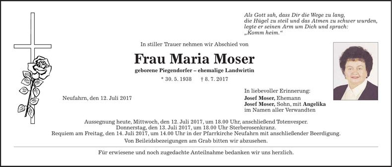 Traueranzeige Maria Moser