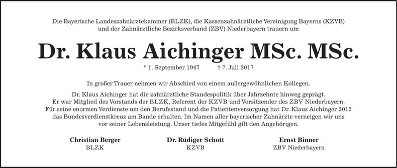 Traueranzeige Dr. Klaus Aichinger