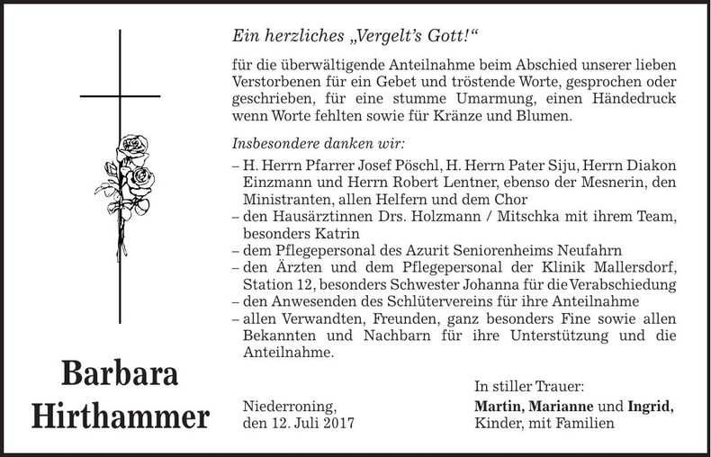 Traueranzeige Barbara Hirthammer