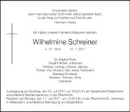 Traueranzeige Wilhelmine Schreiner
