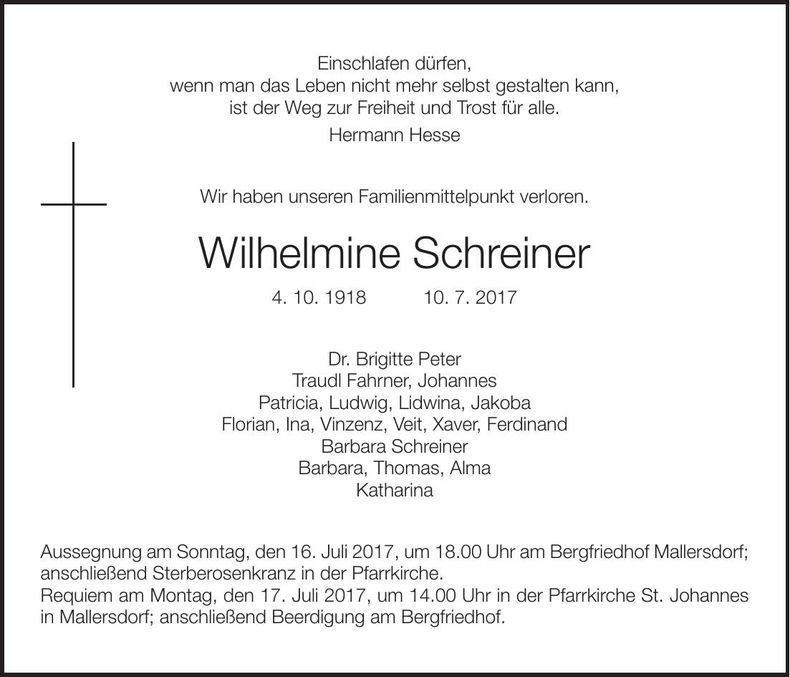 Traueranzeige Wilhelmine Schreiner