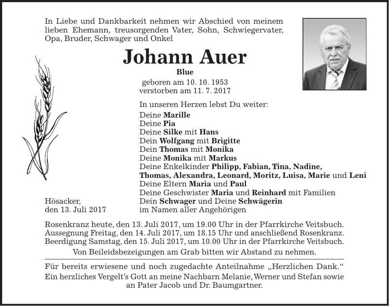 Traueranzeige Johann Auer