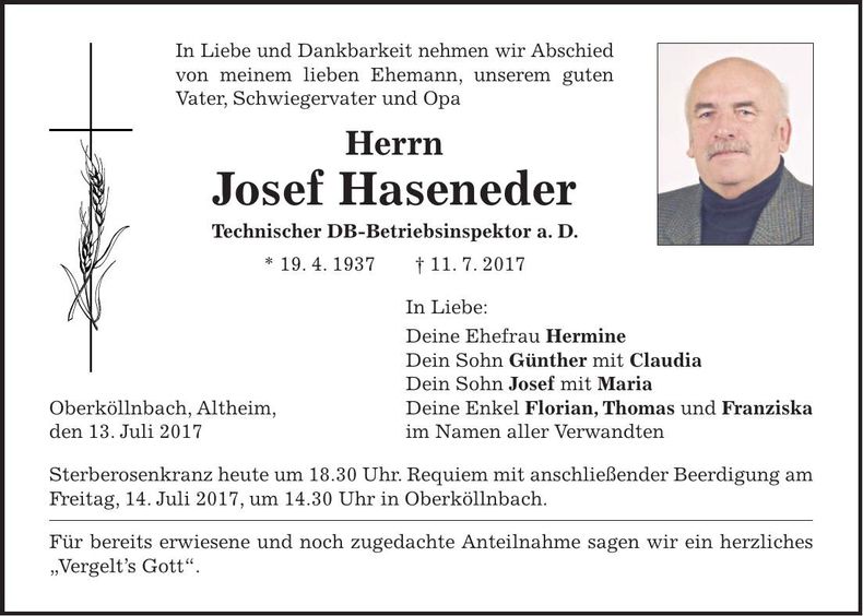 Traueranzeige Josef Haseneder