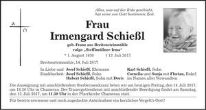 Traueranzeige Irmengard Schießl