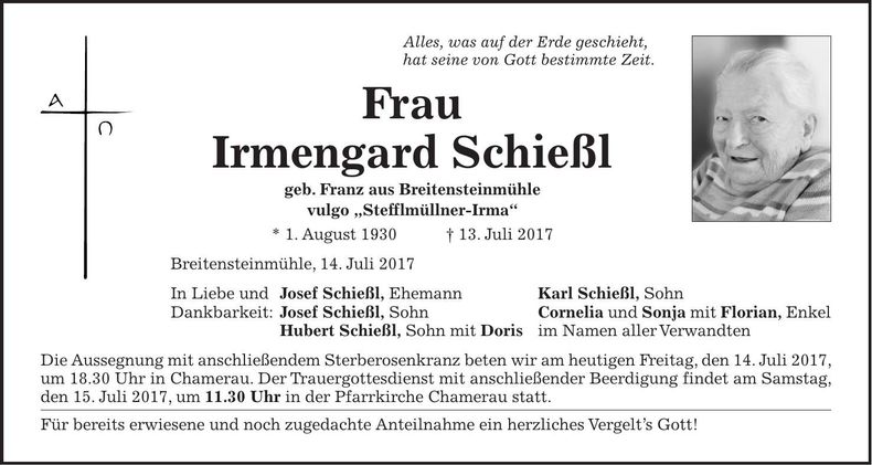 Traueranzeige Irmengard Schießl