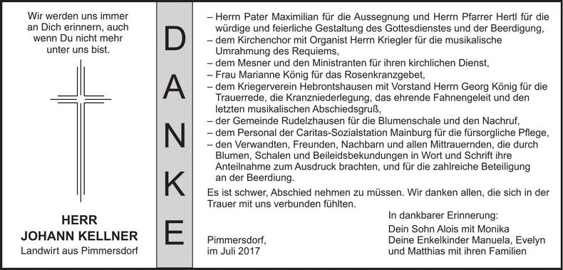 Traueranzeige Johann Kellner