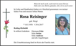 Traueranzeige Rosa Reisinger