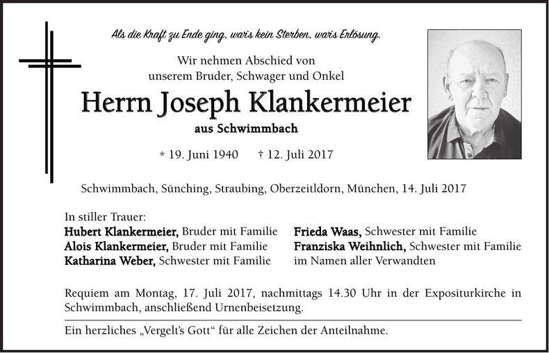Traueranzeige Joseph Klankermeier