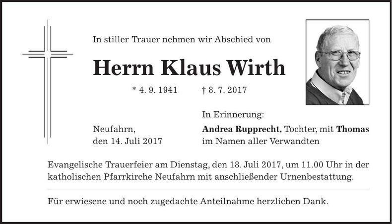 Traueranzeige Klaus Wirth