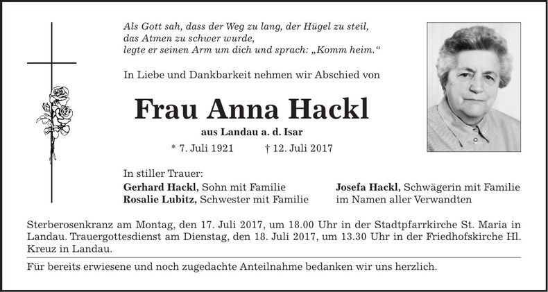 Traueranzeige Anna Hackl