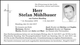 Traueranzeige Stefan Mühlbauer