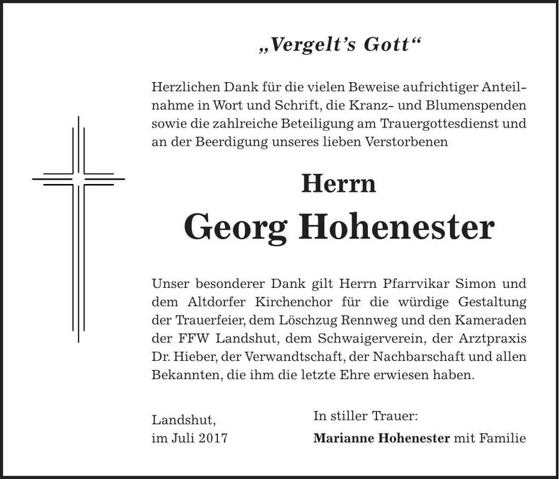Traueranzeige Georg Hohenester