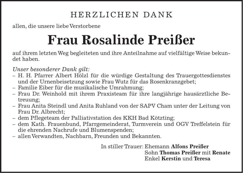 Traueranzeige Rosalinde Preißer