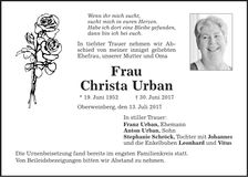 Traueranzeige Christa Urban