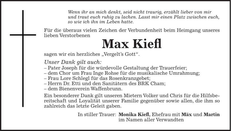 Traueranzeige Max Kiefl