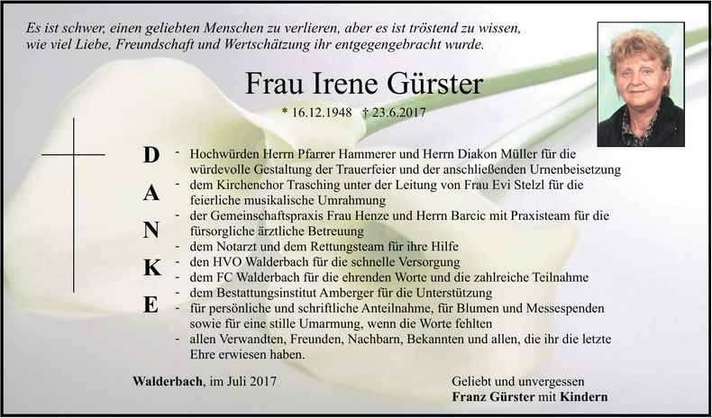 Traueranzeige Irene Gürster