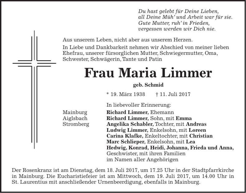 Traueranzeige Maria Limmer