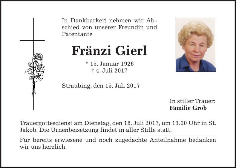 Traueranzeige Fränzi Gierl