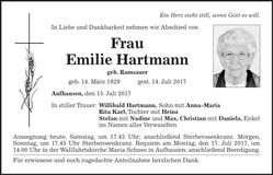 Traueranzeige Emilie Hartmann