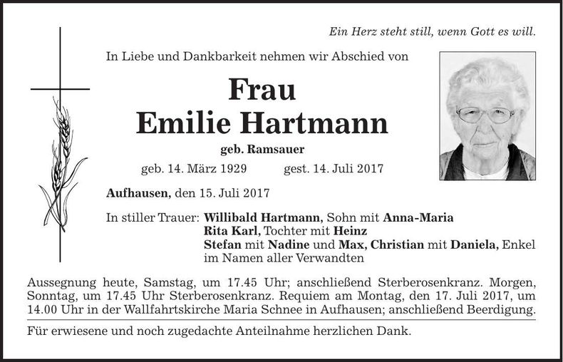 Traueranzeige Emilie Hartmann