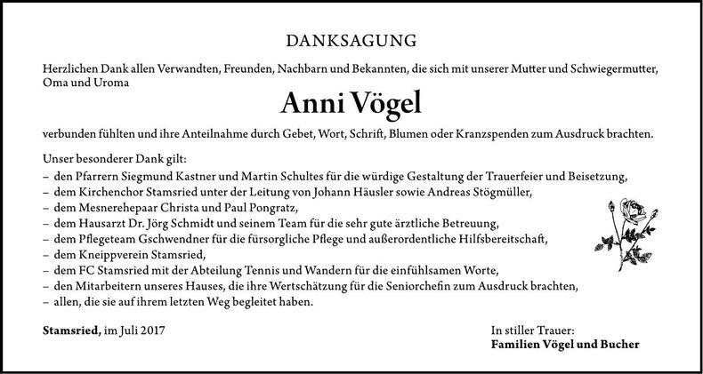 Traueranzeige Anni Vögel