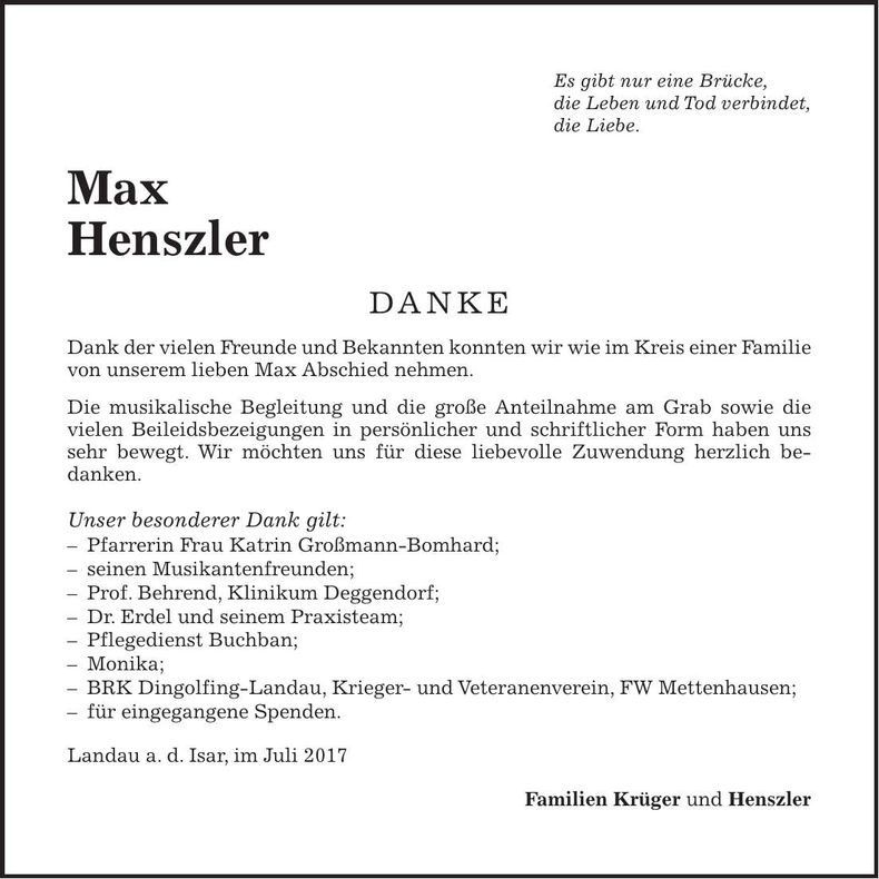 Traueranzeige Max Henszler