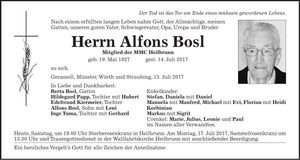 Traueranzeige Alfons Bosl