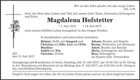 Traueranzeige Magdalena Hofstetter