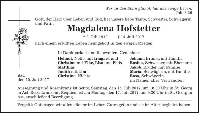Traueranzeige Magdalena Hofstetter
