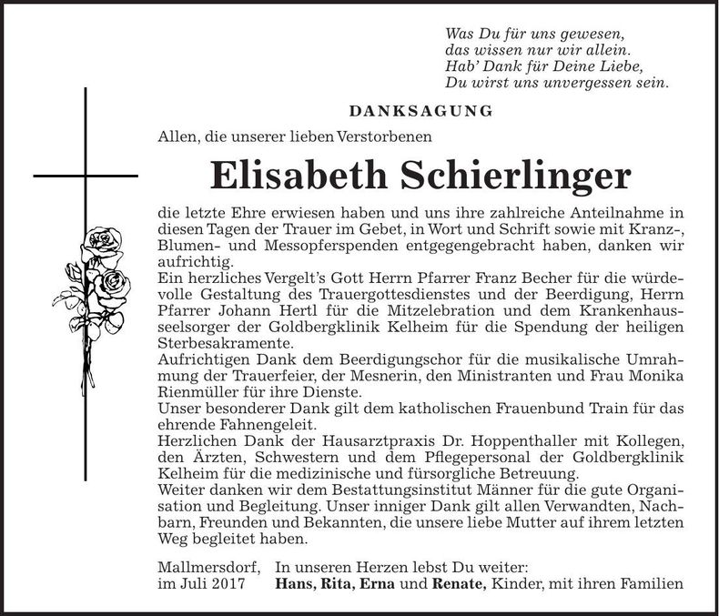 Traueranzeige Elisabeth Schierlinger