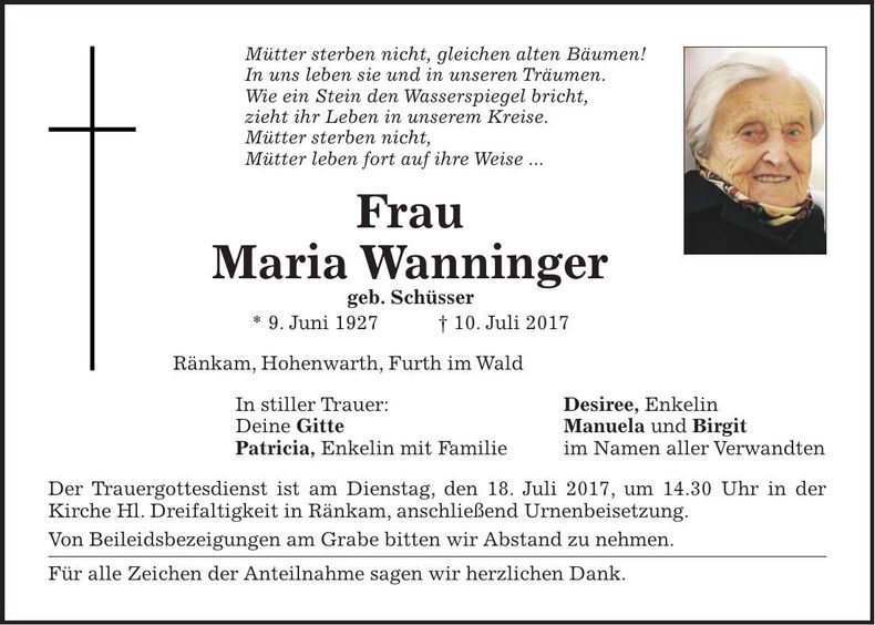 Traueranzeige Maria Wanninger