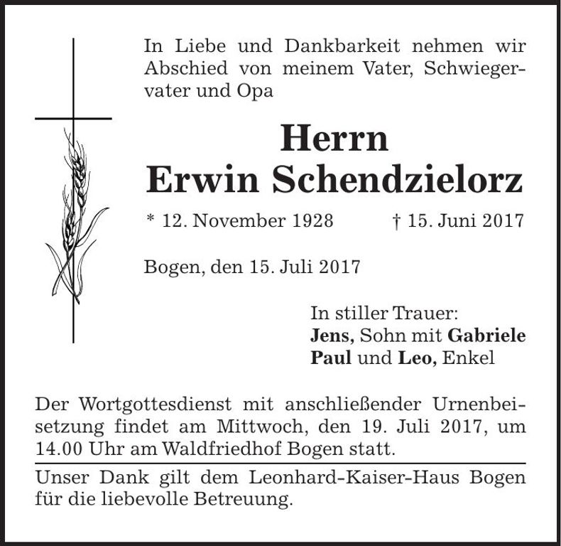 Traueranzeige Erwin Schendzielorz